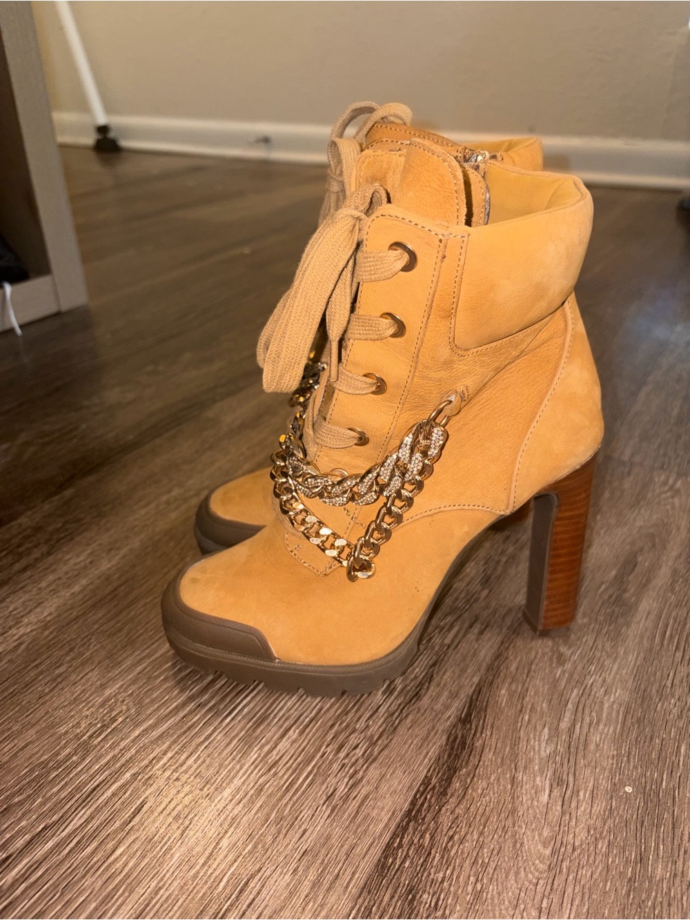 Karl Lagerfeld Tan Suede Lace-Up High-Heel Ankle Boots with Gold Chain
